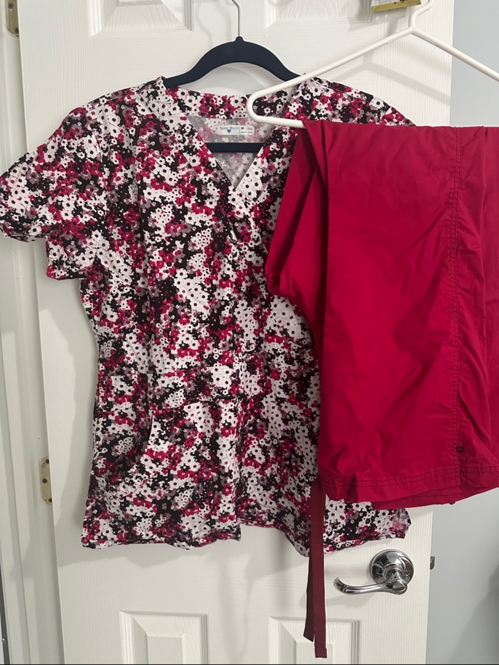 Nurse Mates Floral Print Scrub Top with Berry Red Scrub Pants
